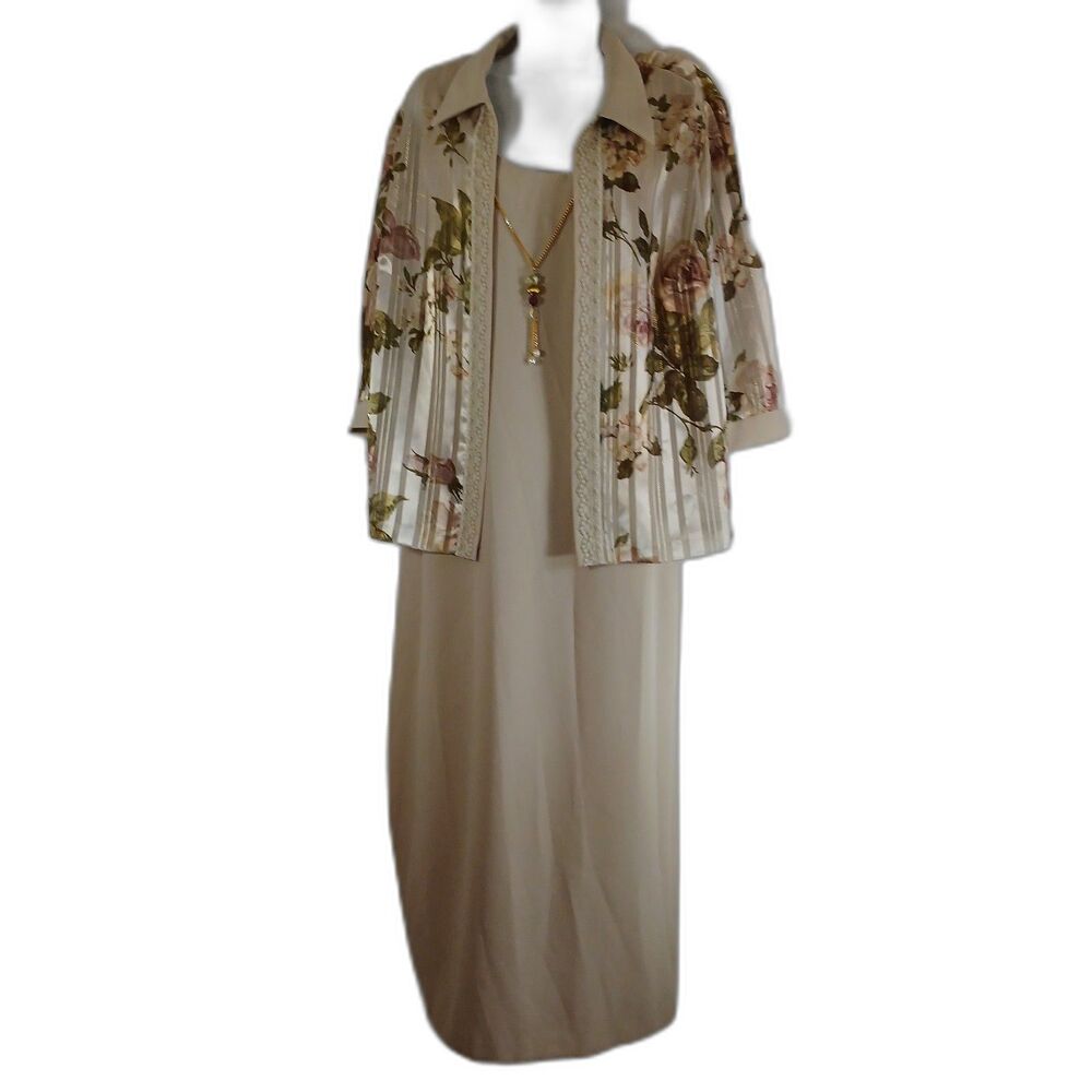 R & M Richards Dress Jacket Beige Floral Sz 20 Wedding Guest Church Picture Work